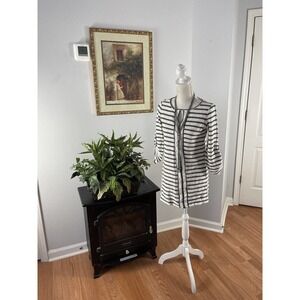 Max Studio Women's White & Gray Striped Roll Sleeve Tunic Top Blouse Size Small